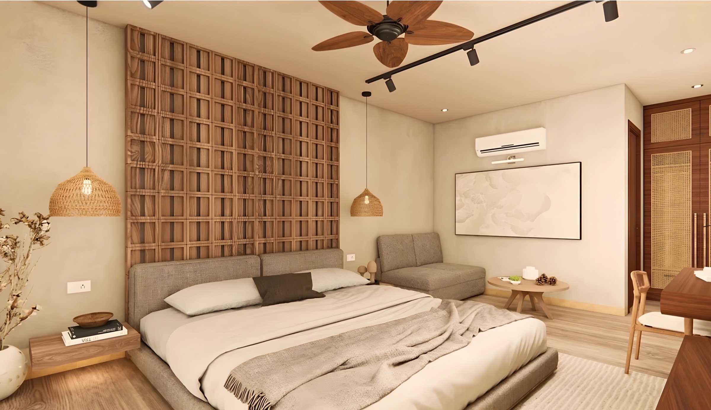 Timber Lattice Bedroom, bedroom interior design in Bhopal by Space-in, photo 1